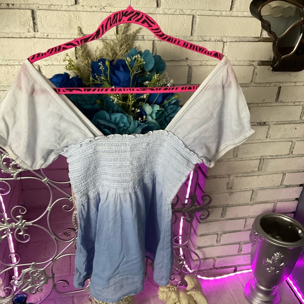Free People Light Blue Ombre Smocked Babydoll Top Short Puff Sleeve Cotton M
